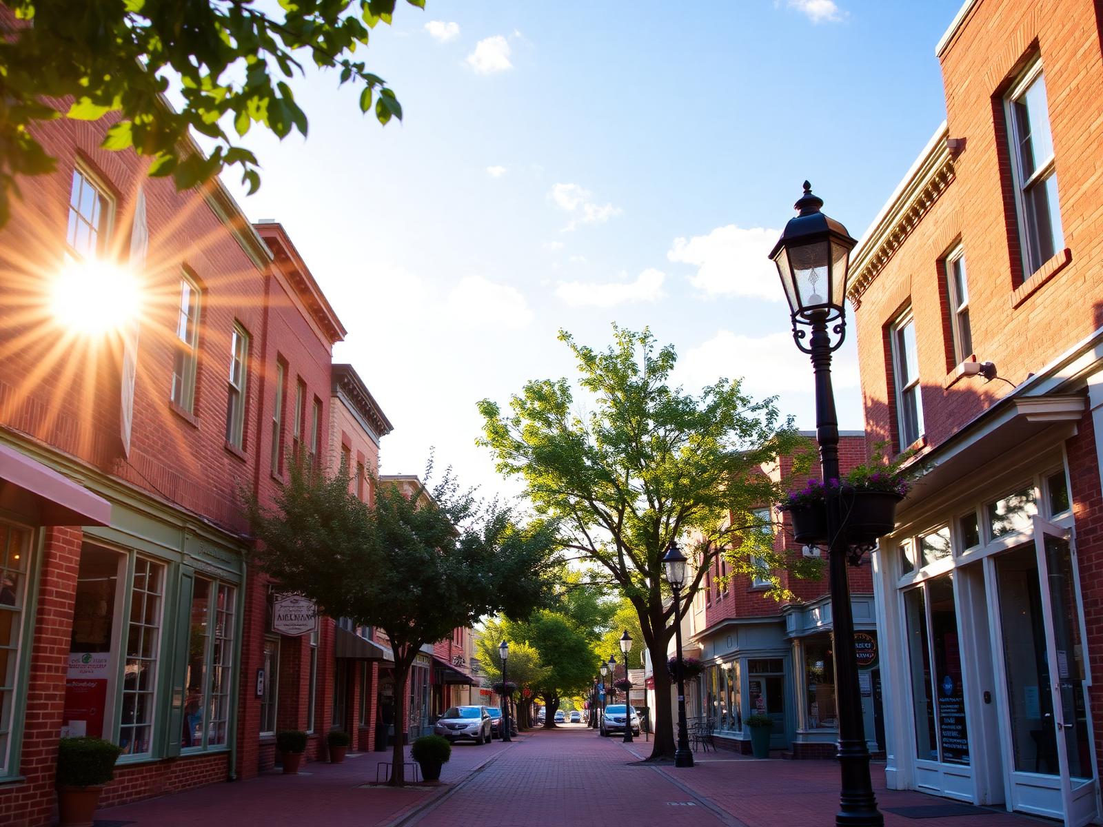 Charming small-town main street at golden hour