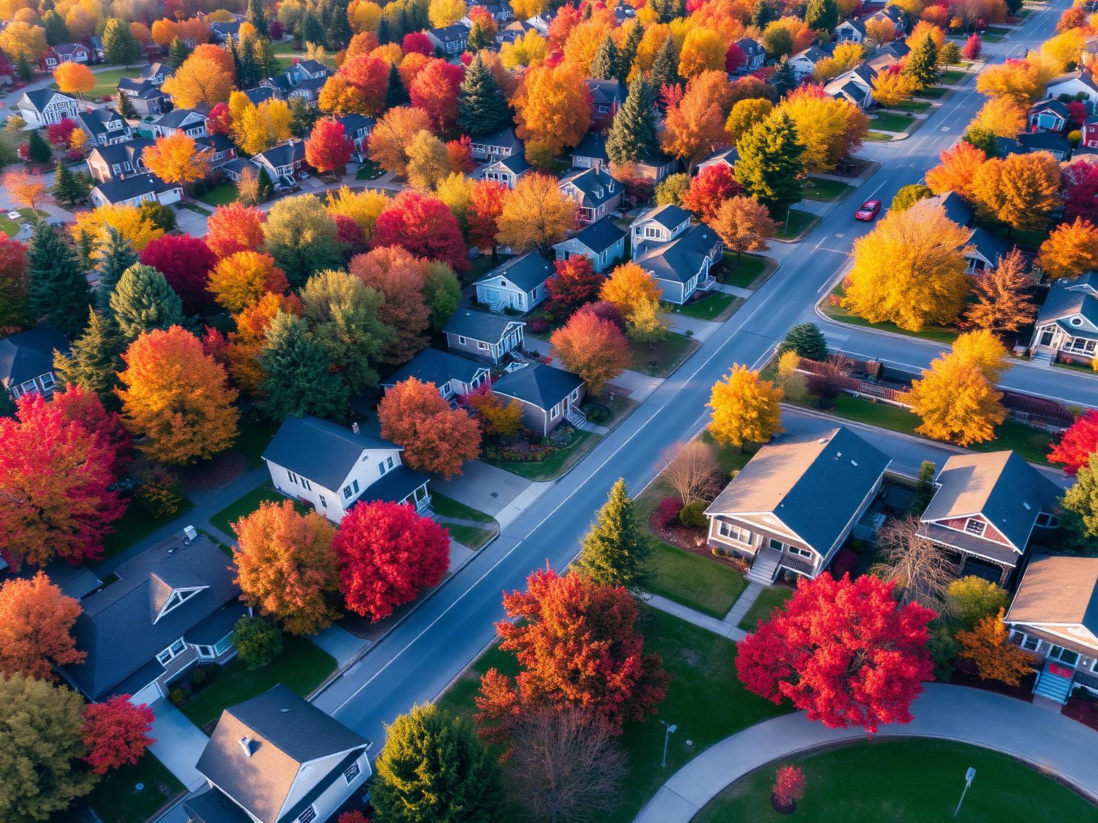 Aerial view of a colorful small-town neighborhood in autumn